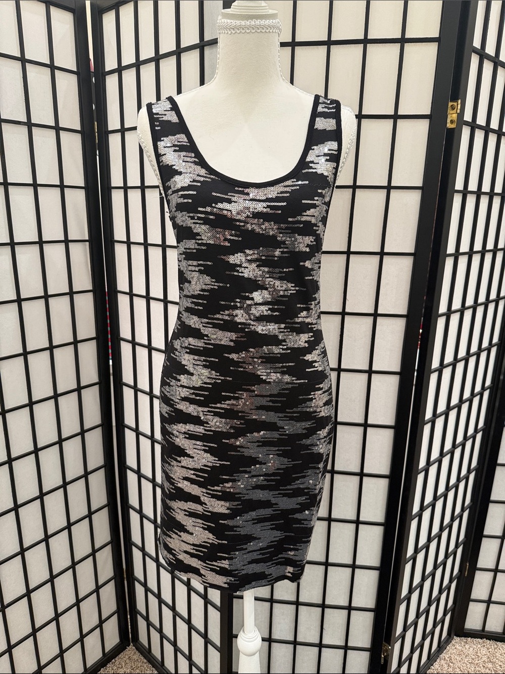 Black and Silver Sequin Scoop Neck Mini Dress